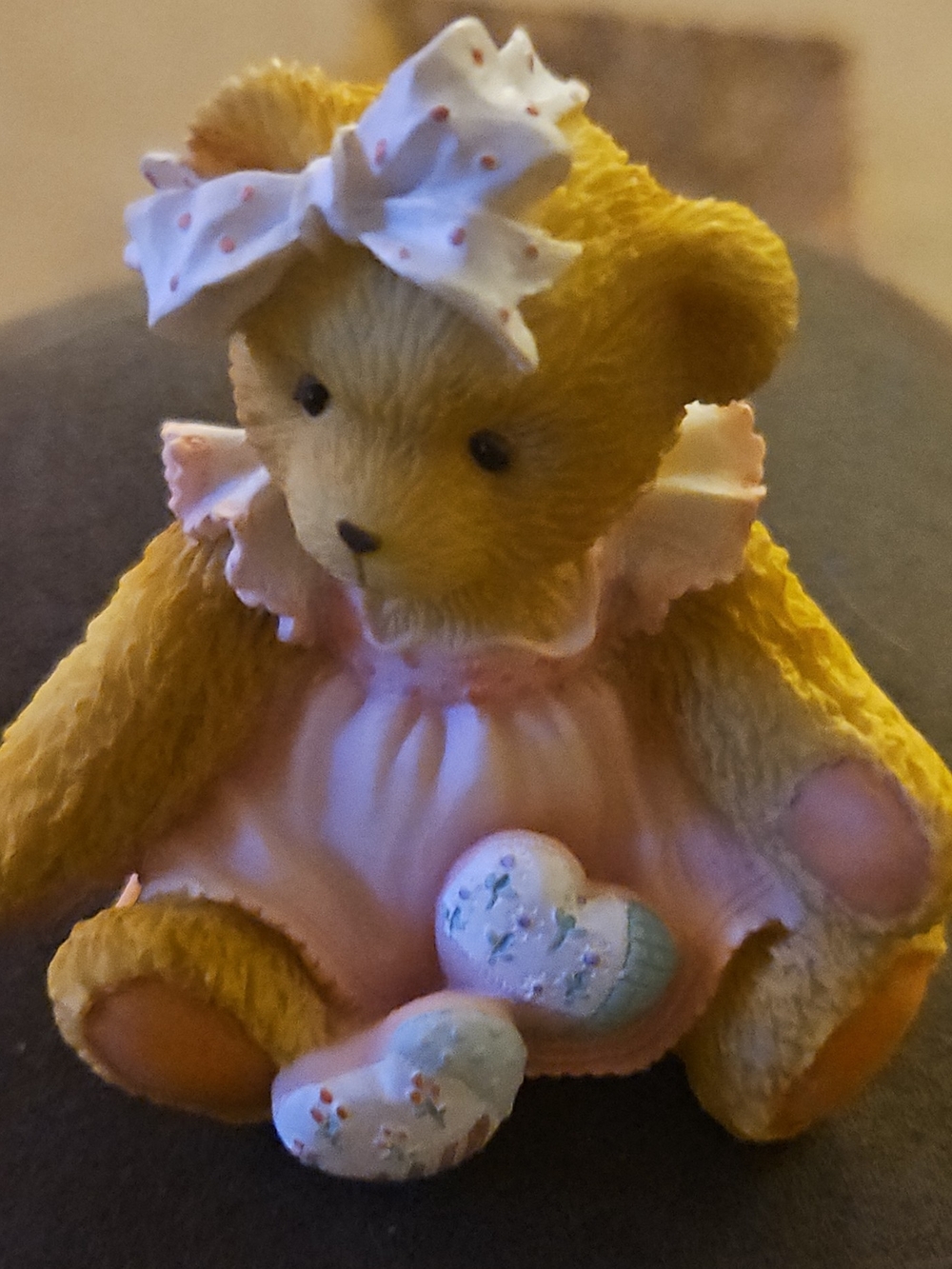 Hamilton Yellow Teddy Bear Figurine with Pink Dress and Bow